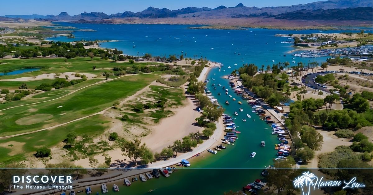 Aerial view of Bridgewater Channel, the Island and Lake Havasu City