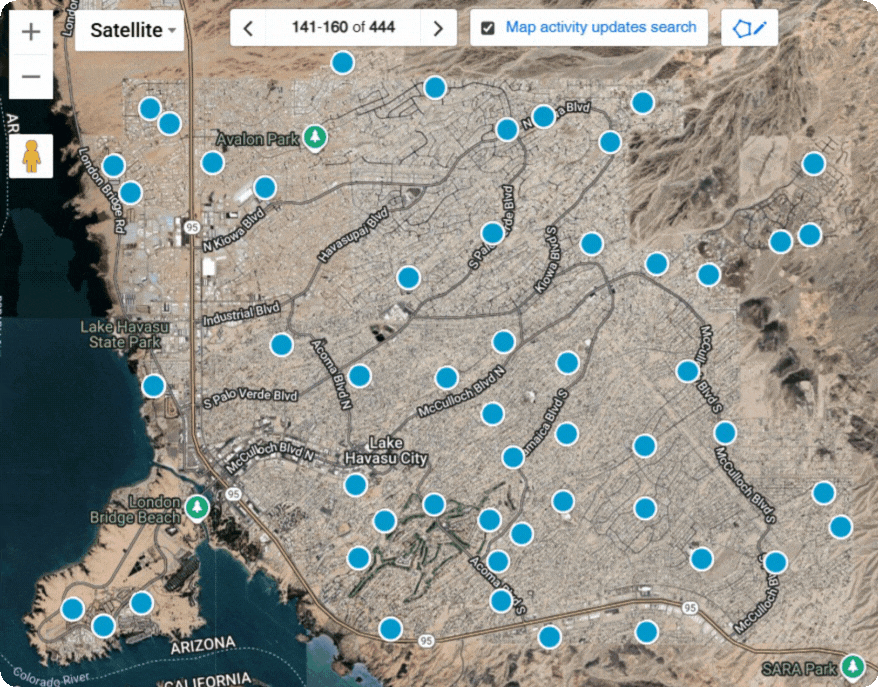 Animated Lake Havasu City MLS map showing available homes across multiple areas